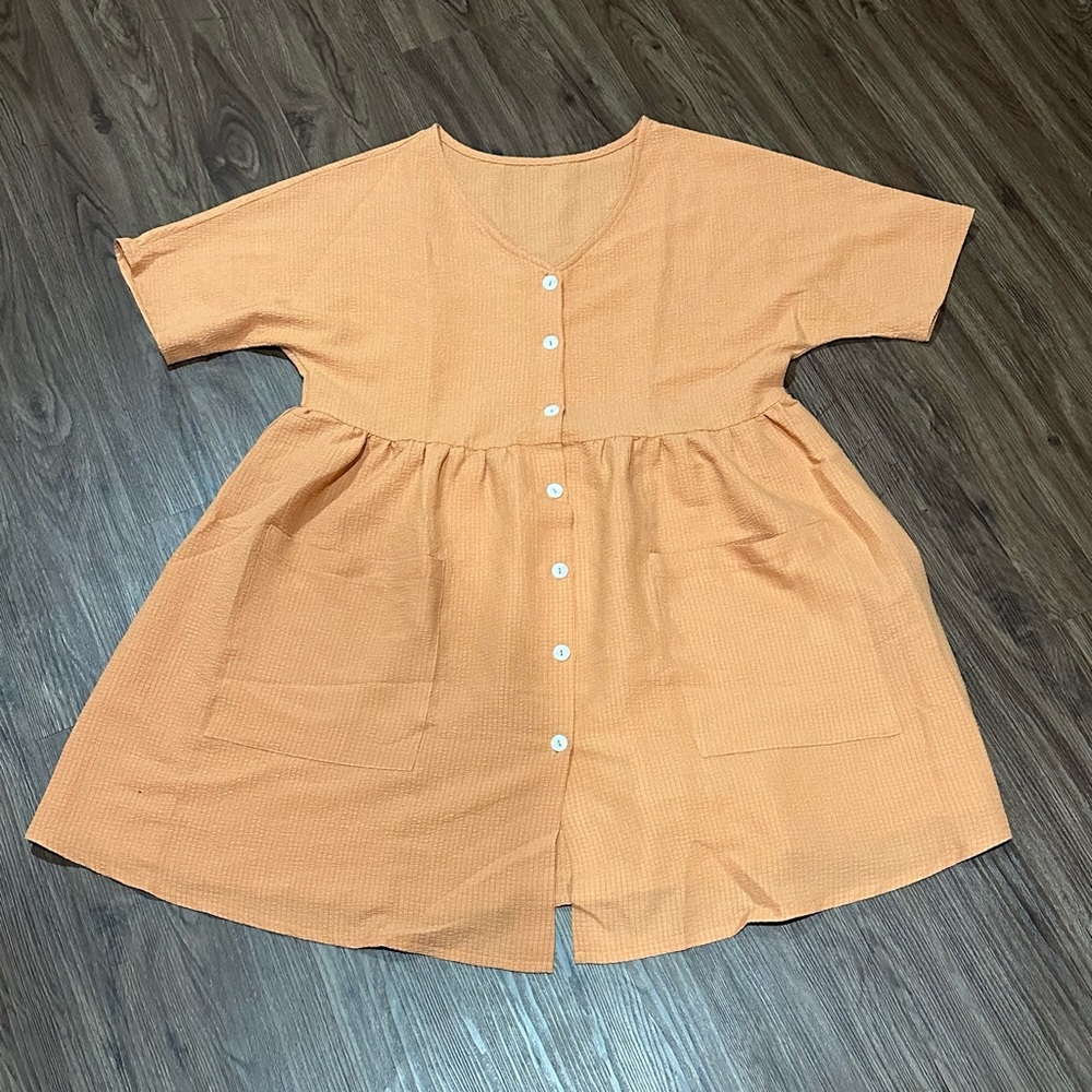 SHEIN Batwing Sleeve Pocket Patched Smock Dress, Orange, Medium